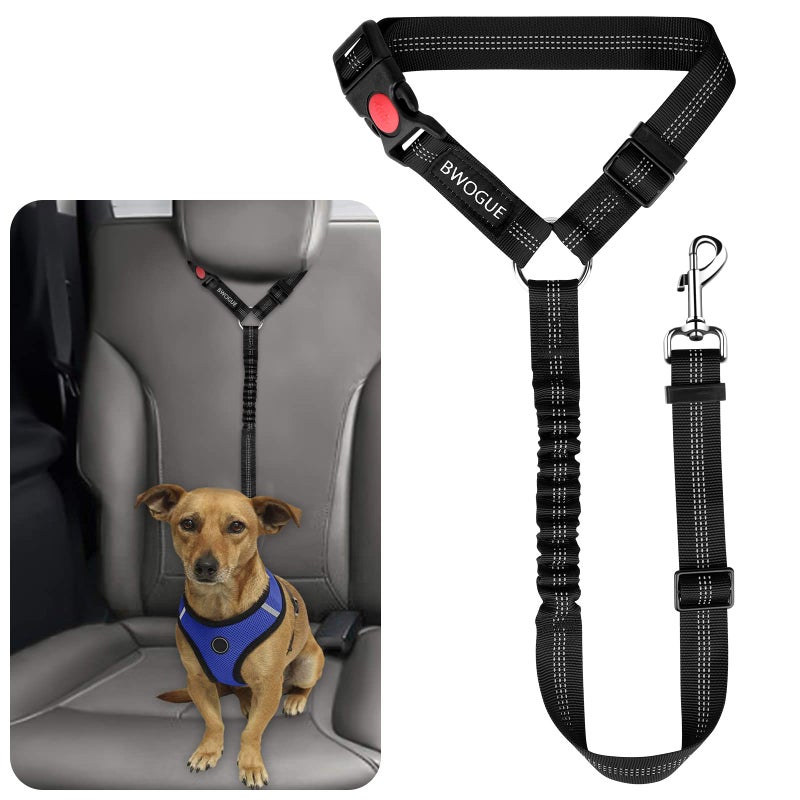 BWOGUE Pet Dog Cat Seat Belts, Car Headrest Restraint Adjustable Safety Leads Vehicle Seatbelt Harness (1 Pack, Black, Elastic) - Image 1